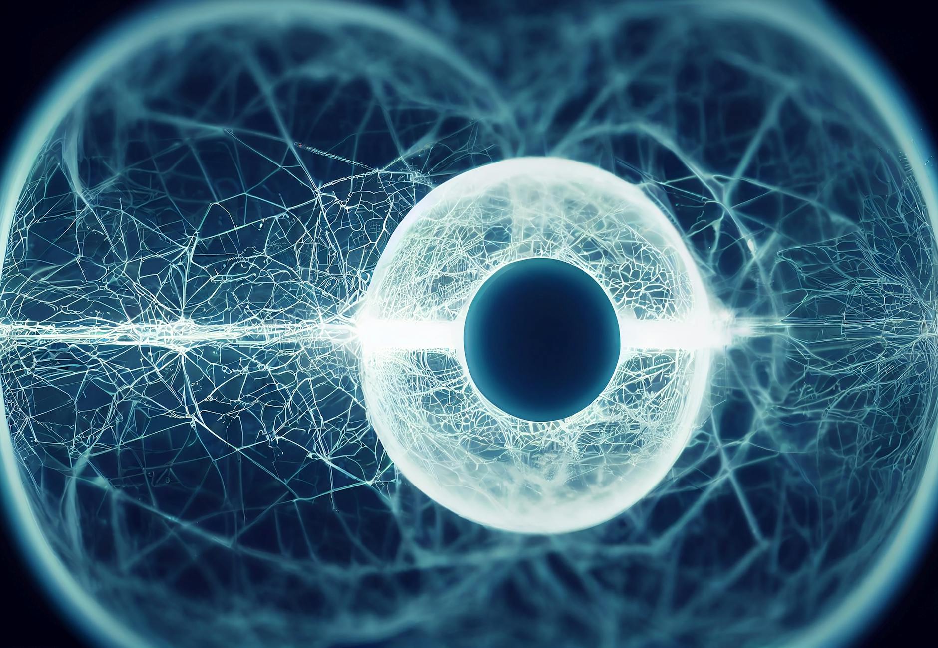 A digitally rendered abstract image showcasing a futuristic eye with complex network patterns.