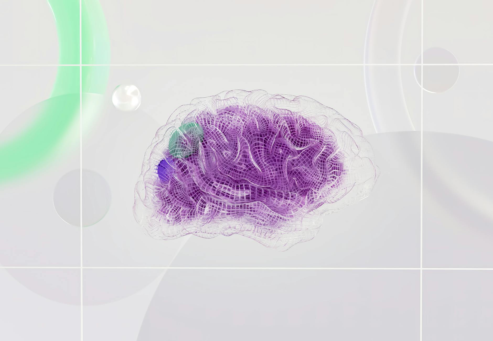 3D rendered abstract design featuring a digital brain visual with vibrant colors.