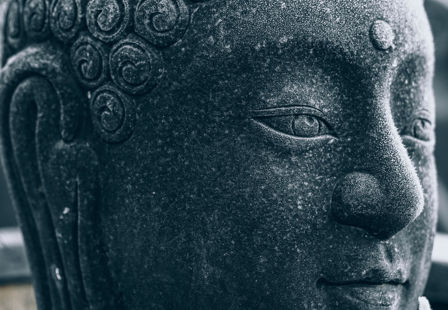 Detailed close-up of a Buddha statue covered in frost, conveying spiritual serenity in winter.