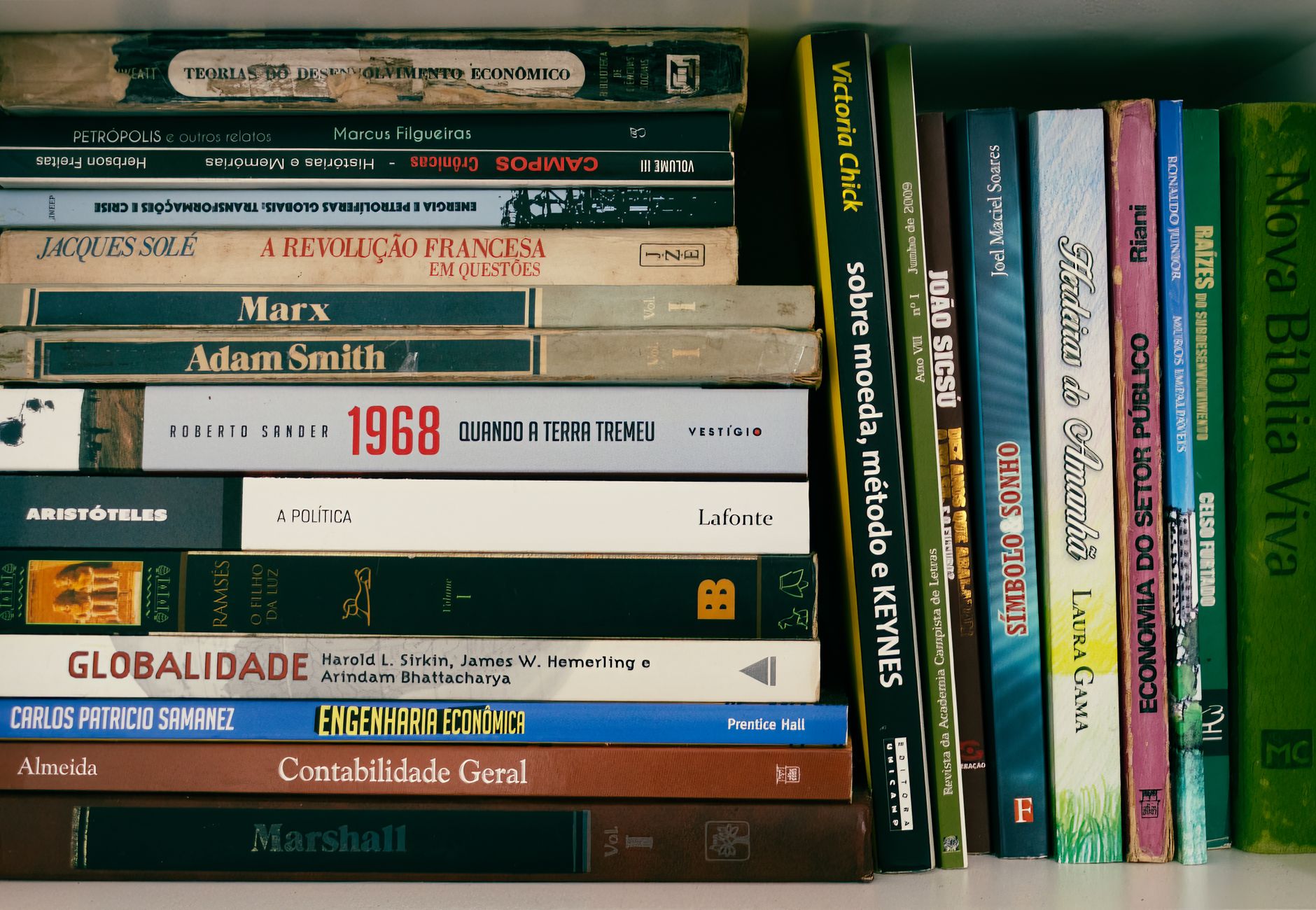 A neatly arranged bookshelf featuring books on economics, politics, and literature in Portuguese.